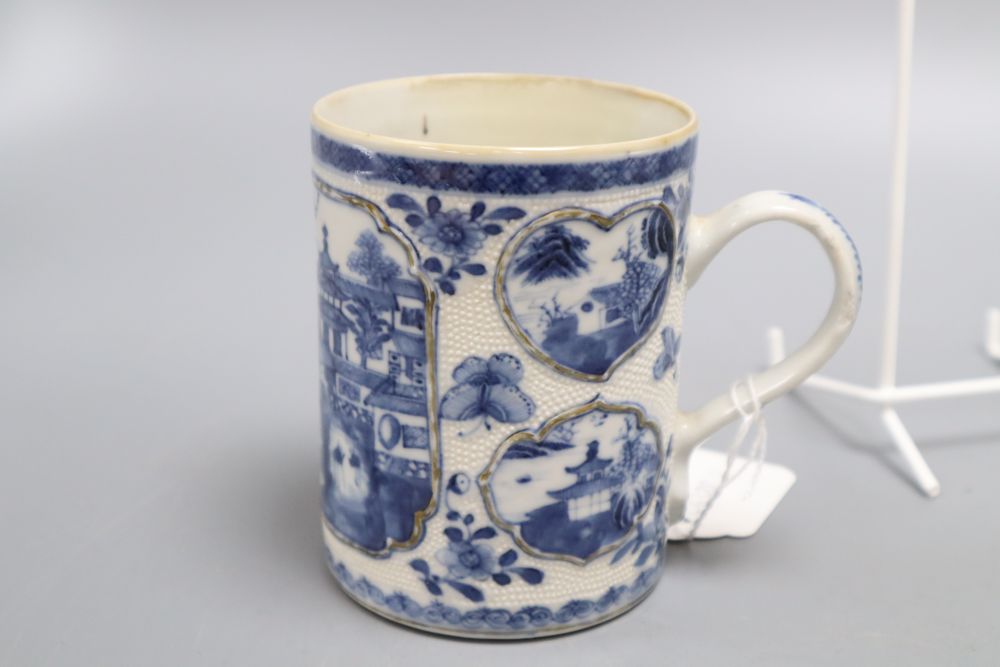 Five pieces of Chinese ceramics including two blue and white plates, a Canton plate, a blue and white mug and a prunus jar and cover,